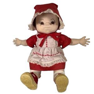 VINTAGE Cloth Handmade Doll 22" Embroidered Eyes Red Dress w/ Bonnett Folk Art
